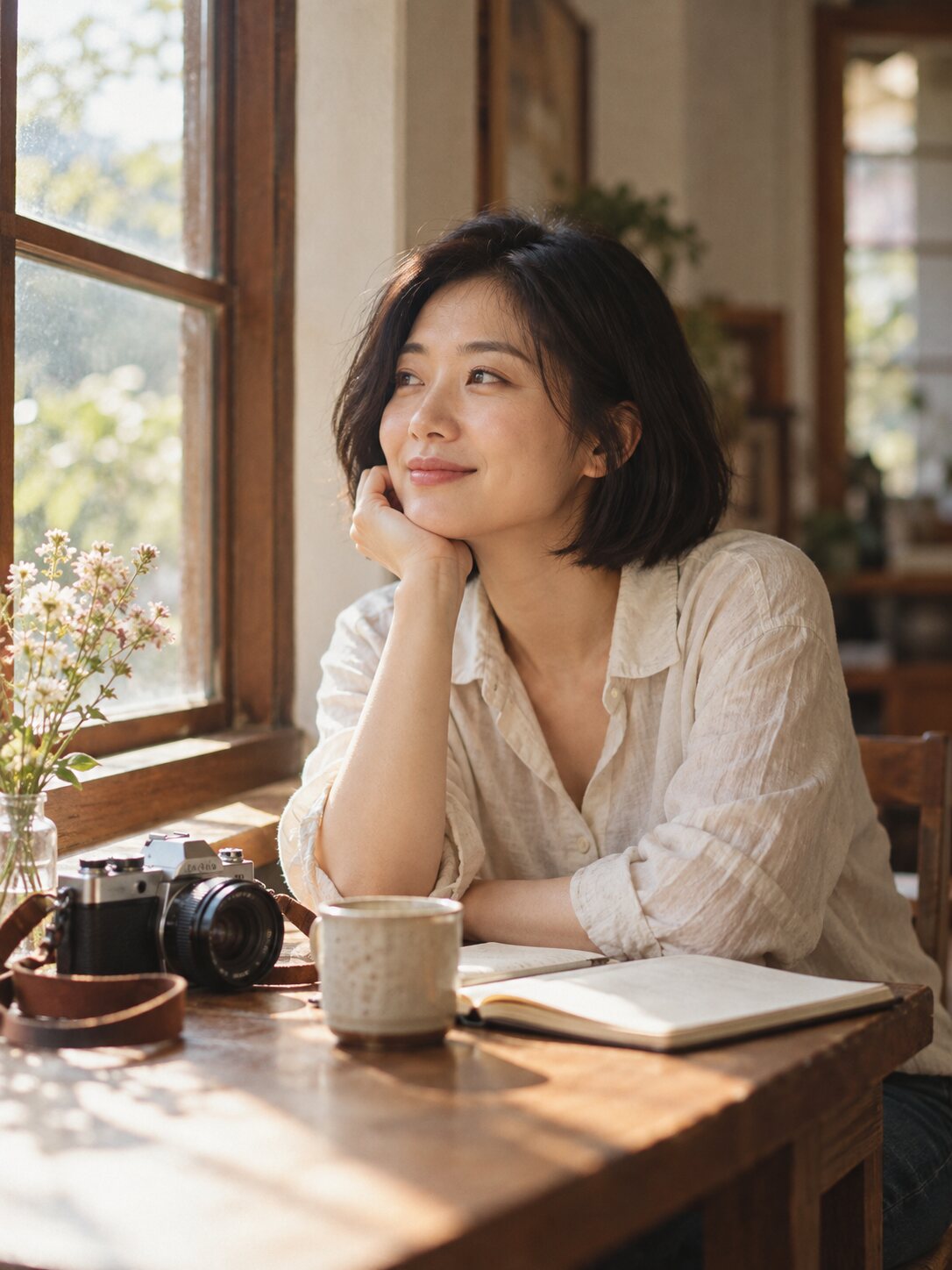 my webpage 坐在窗邊木桌旁托腮微笑，桌上有底片相機、陶杯與筆記本