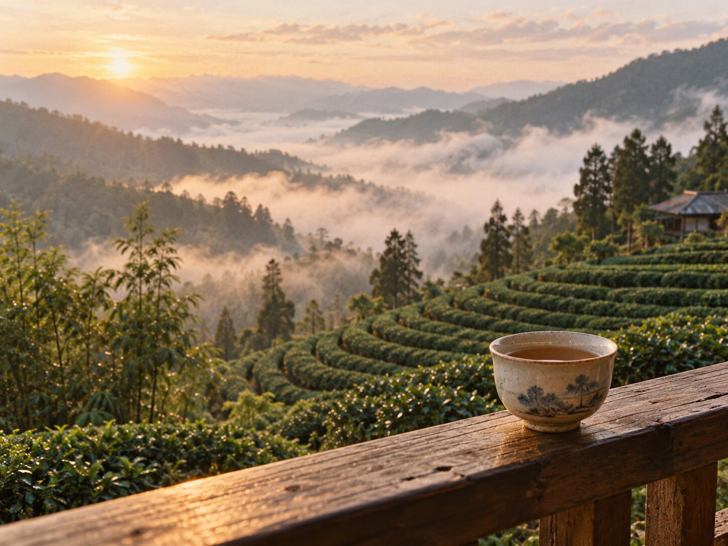 阿里山霧中的茶園與一只茶杯